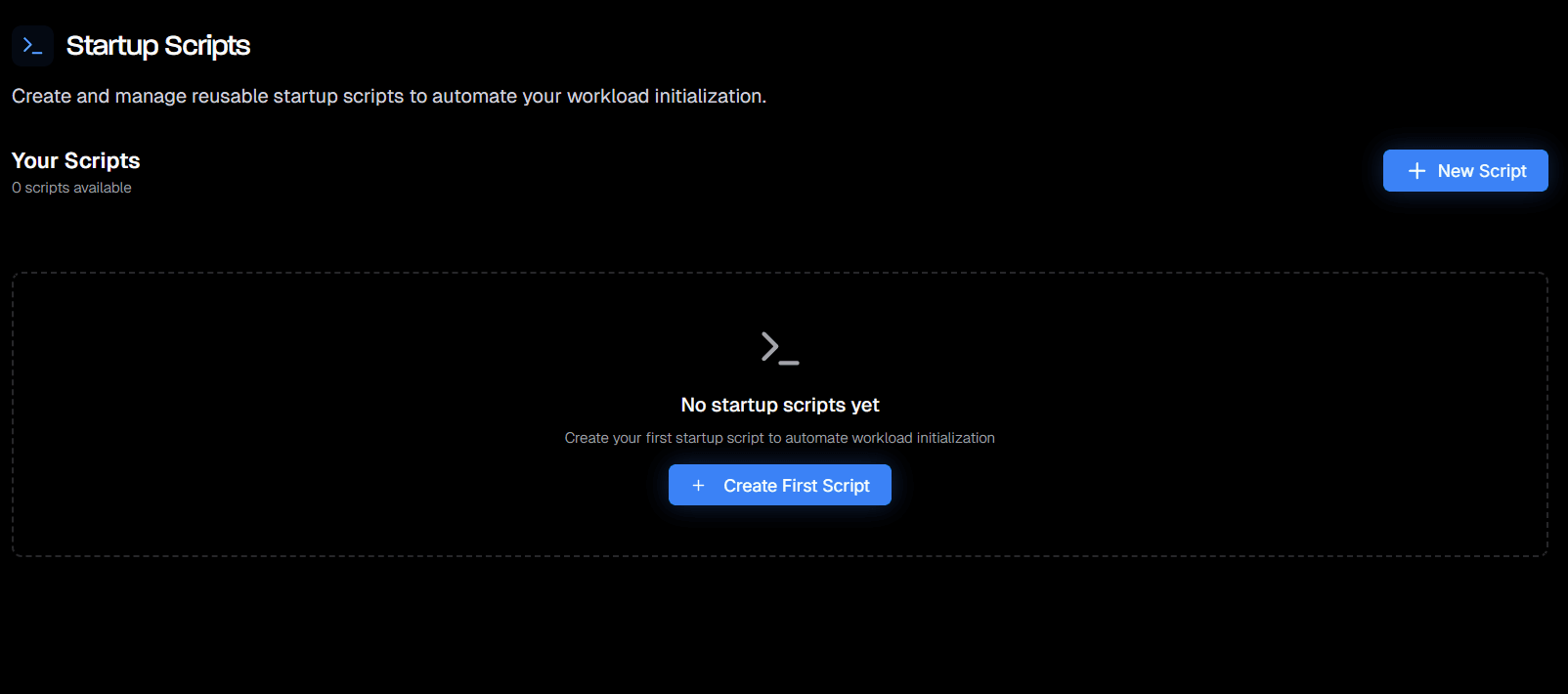 Startup Scripts page showing saved scripts and the option to create a new one