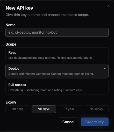 The New API key dialog, with fields for name, access scope, and expiry