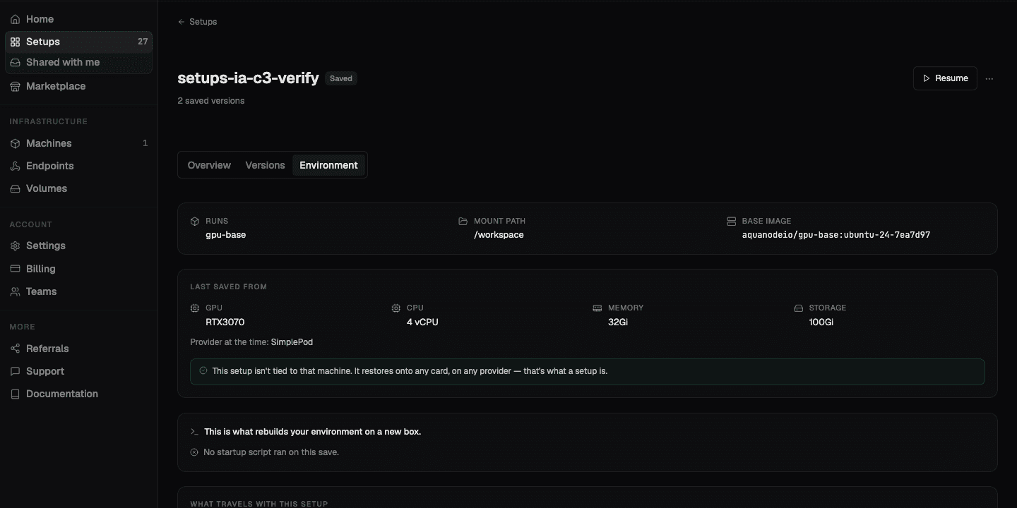The Environment tab of a setup