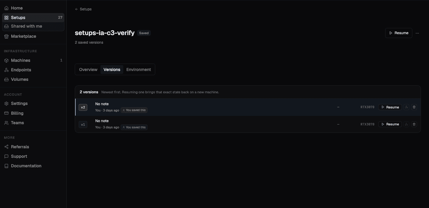 The Versions tab of a setup