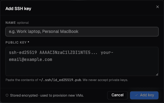The Add SSH key dialog, with a name field and a field to paste your public key