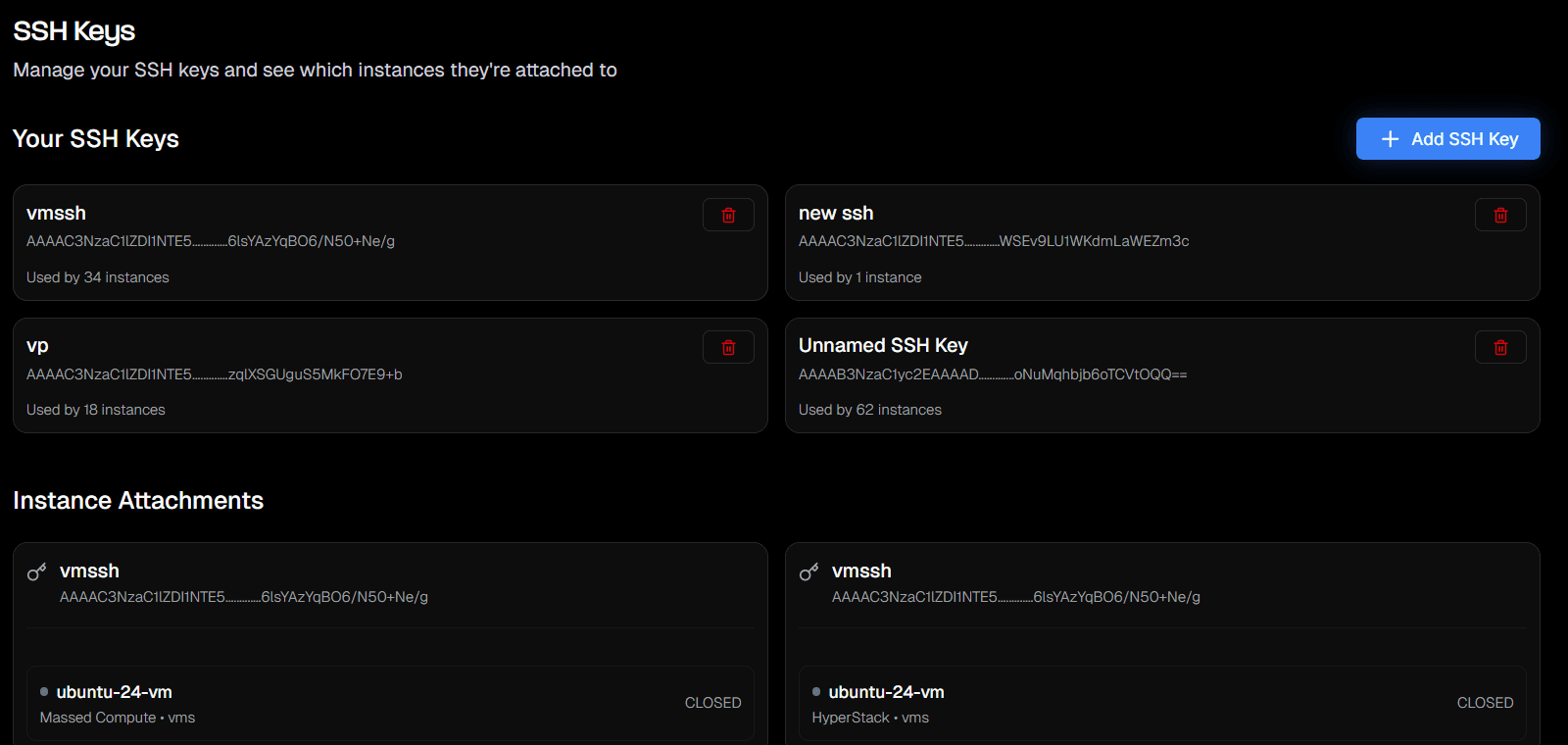 SSH Keys management page showing saved keys and instance attachments