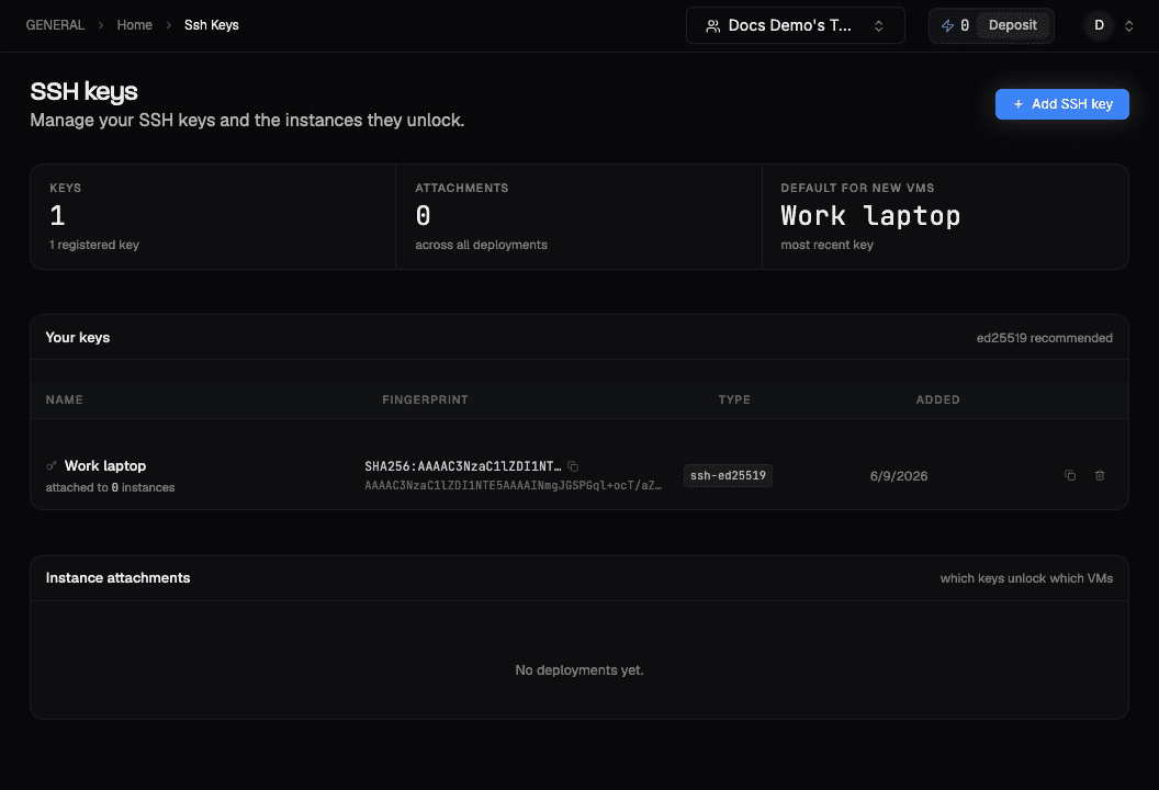 The SSH Keys page showing registered keys, attachment counts, and the default key for new machines