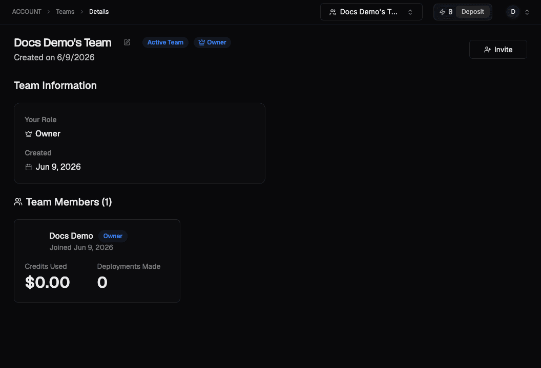 A team's detail page showing its role, creation date, and members