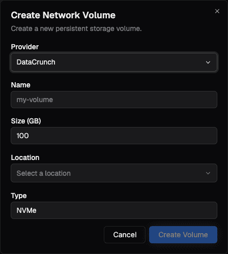 The Create Network Volume dialog, with provider, name, size, location, and type fields